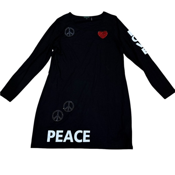 Tricotto Black long sleeve Shirt dress size large Y2K Peace Love - Picture 1 of 15